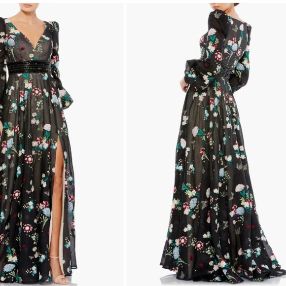 MAC DUGGAL 79361 EMBROIDERED BISHOP SLEEVE V-NECK FLOWY BLACK FLORAL GOWN 14 - Picture 3 of 3